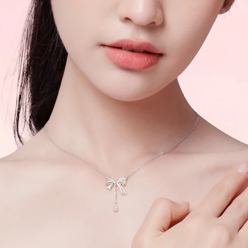 

PANJBJ 925 Sterling Silver Zircon Bowknot Necklace for Women Girl Temperament Fashion Jewelry Birthday Gift Dropshipping