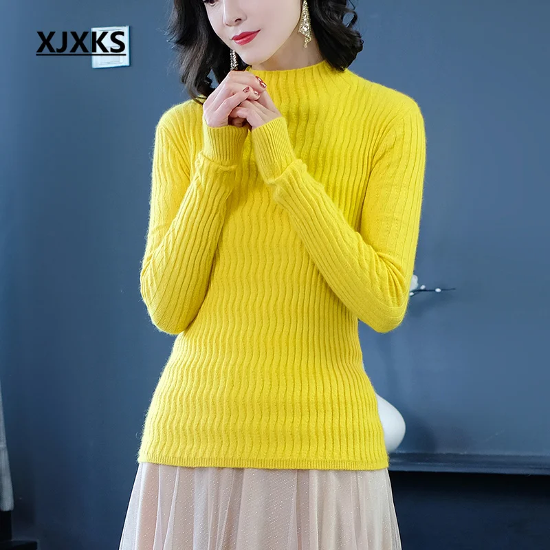 

XJXKS 2022 Autumn And Winter New Women's Semi-turtleneck Sweater High Elasticity Slim Soft 100% Wool Knit Pullover