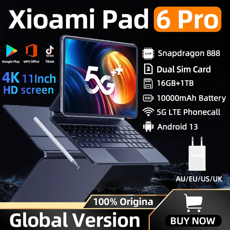 

2024 Original Global Version Pad 6 Pro Tablet 16GB+1TB Android 13 Snapdragon 888 11inch Tablets PC 5G Dual SIM Card HD 4K Mi Tab
