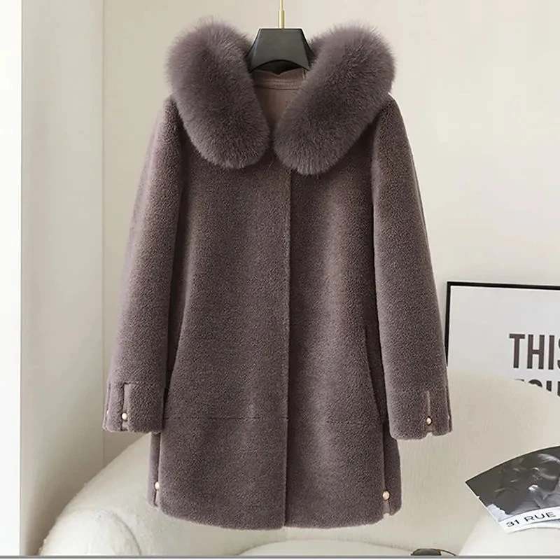 

Sheep Shearer Jacket Women, Loose Fox Fur Collar, Hooded Warm Parker Coats, Winter Particles, One Wool Fur Coat, New Overcoat
