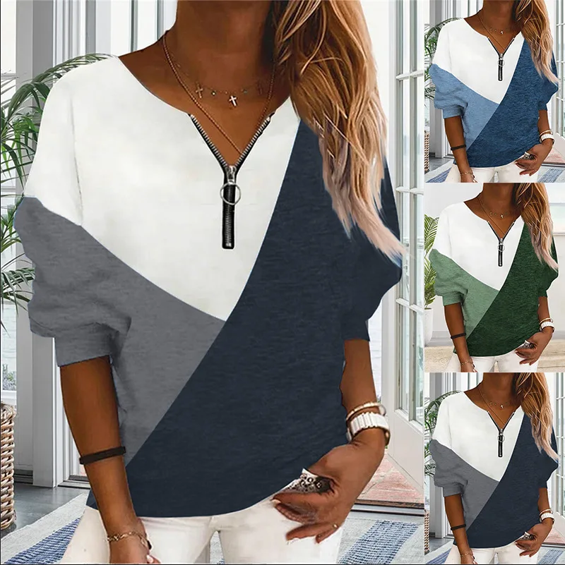 Fashion Autumn and Winter Women's Color Blocking Loose Zipper Long Sleeve V-Neck Top Female Casual Versatile T-shirt Lady Cloth
Fashion Autumn and Winter Women's Color Blocking Loose Zipper Long Sleeve V-Neck Top Female Casual Versatile T-shirt Lady Cloth