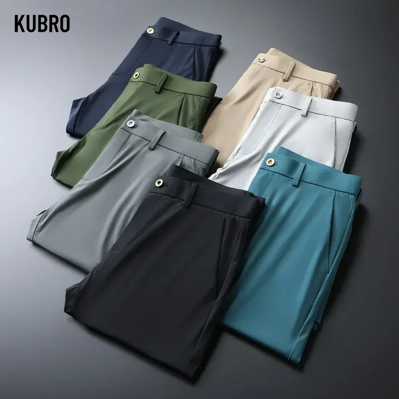 

KUBRO Men's Summer Thin Slim Straight Casual Multi Color Choice New Ice Silk Man Loose Business Button Fly Trousers Black Grey