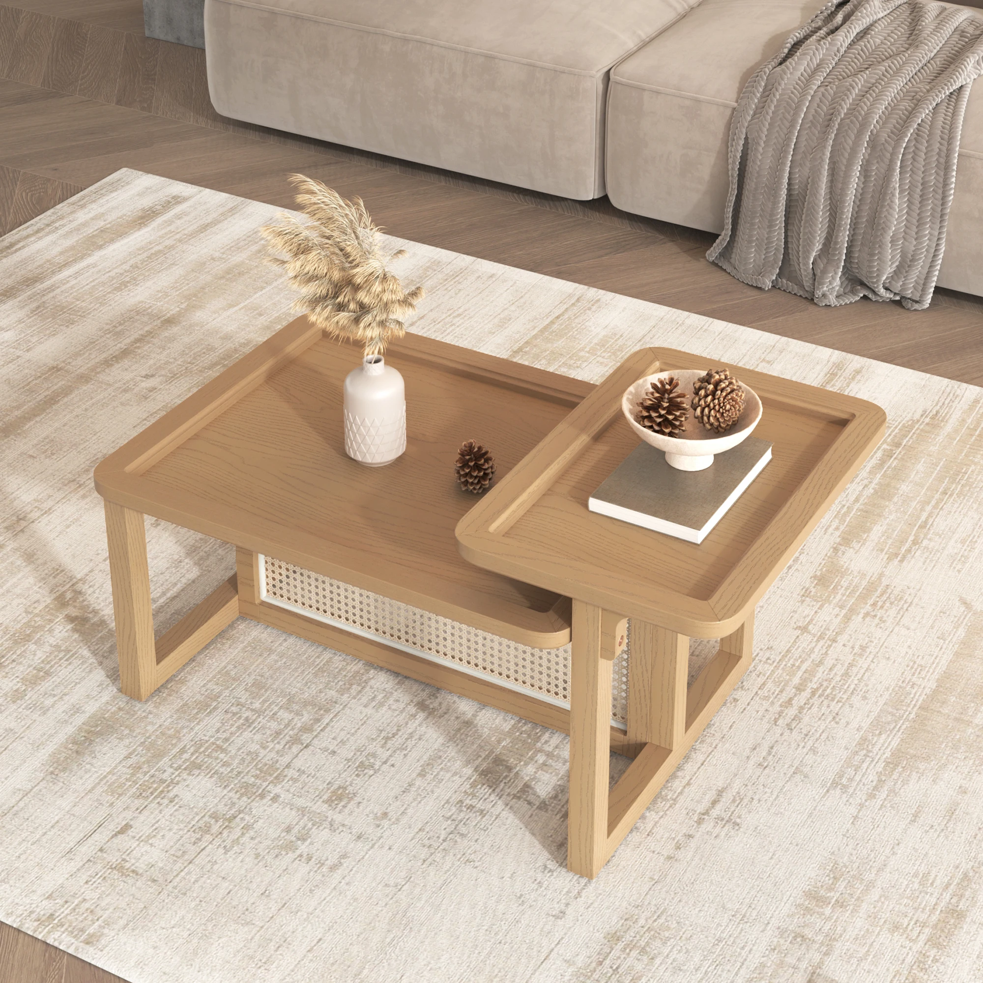 Modern 2 Piece Nesting Rattan Wood+ MDF Coffee Table Set in Natural Coffee Table Modern 2 Piece Nesting Rattan Wood+ MDF Coffee Table Set in Natural Coffee Table