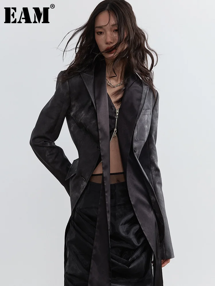 

[EAM] Women Dark Gray Pu Leather Irregular Slit Blazer New Lapel Long Sleeve Jacket Fashion Tide Spring Autumn 2024 1DH4722