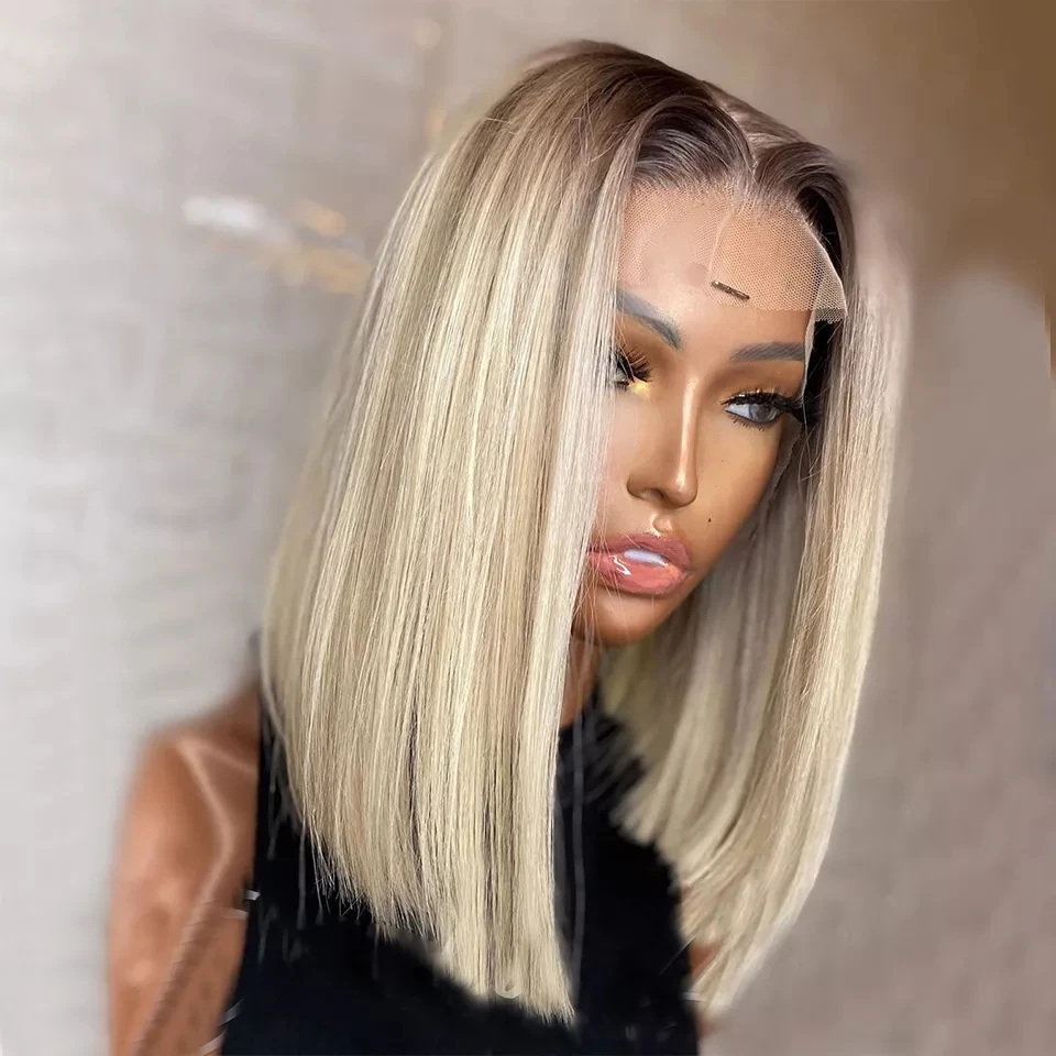 Фото RONGDUOYI Short Hair Synthetic Lace Front Wigs for Women Ombre Blonde Wig High Temperature Fiber Straight Bob | Шиньоны и парики