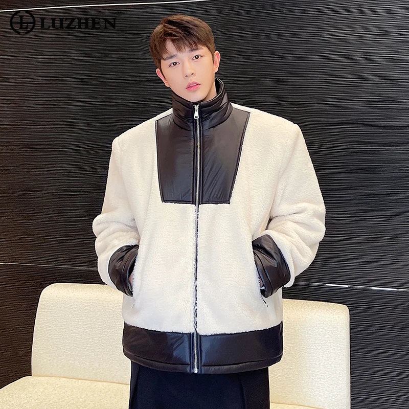 

LUZHEN 2023 New Stylish Winter Leather Splicing Design Lamb Wool Coat Men Street High Quality Color Contrast Casual Coat Be79dd