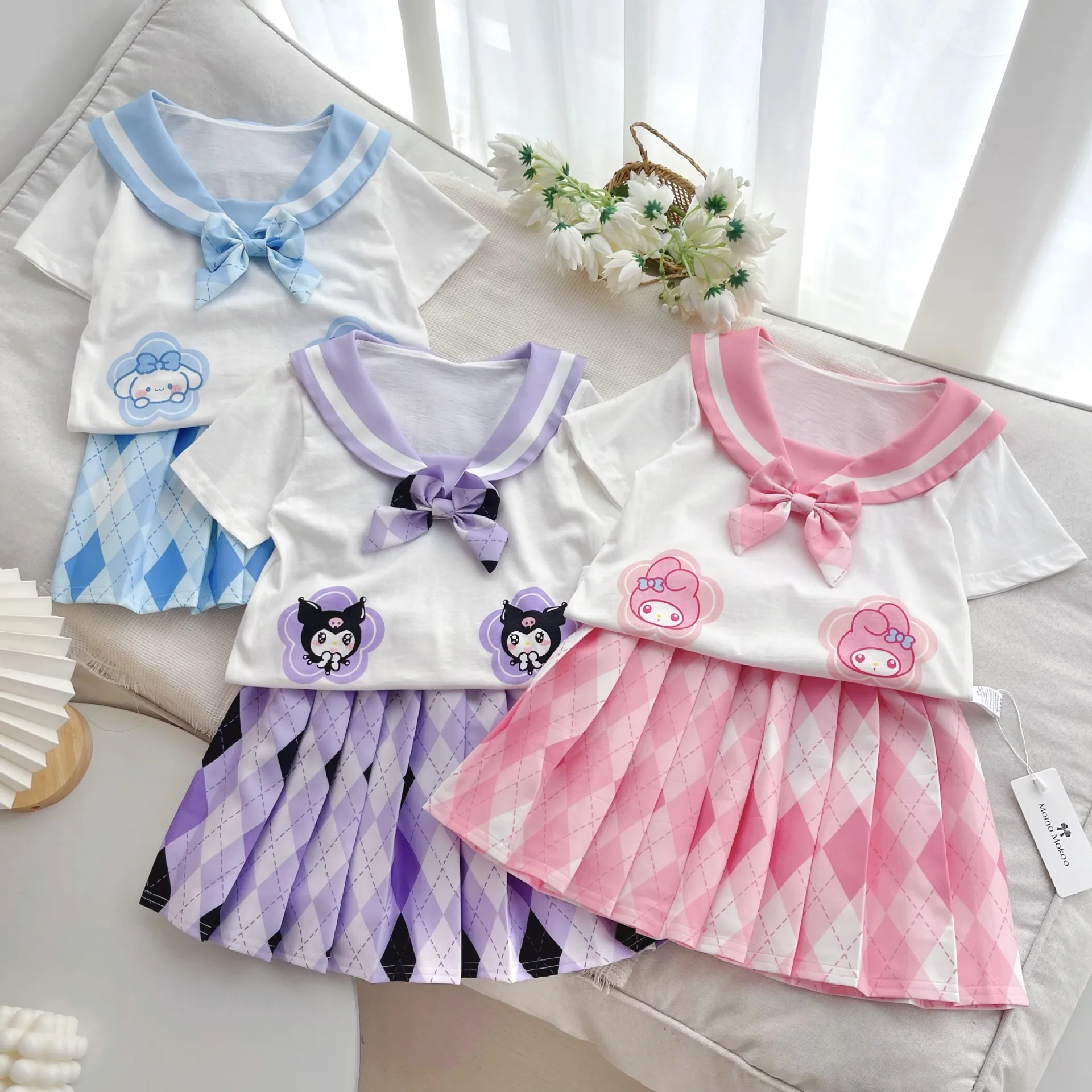 

New Sanrio Kuromi Cinnamoroll My Melody Children Jk Set Cartoon Print Navy Collar Cotton T-Shirt Pleated Skirt Uniform Two-Piece