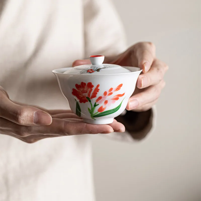 

Gaiwan Kung Fu Teacup 3.3 fl oz Porcelain Chinese Hand-Draw Decor Ceramic Drinking Ware