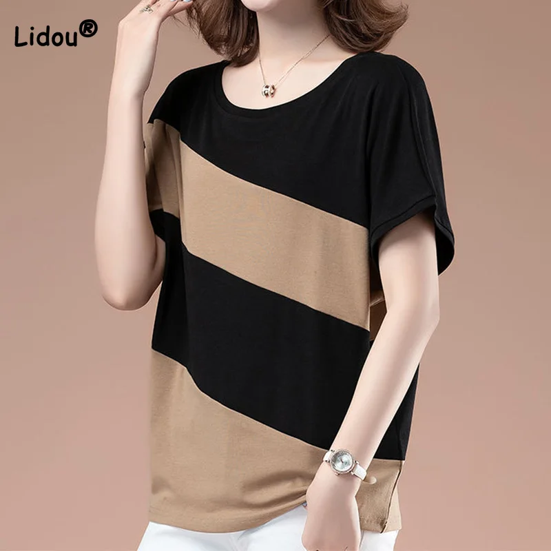 

100% Cotton Fashion Round Neck Contrasting Colors Splicing Short Sleeve T-Shirt Summer New Casual Loose Stripe Bat Sleeve Top