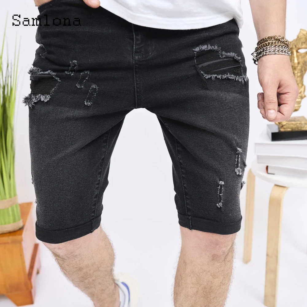 

Мужские повседневные облегающие джинсовые шорты Samlona длиной до колена, Европейская мода, короткие джинсы на молнии с карманами, новинка 2023, сексуальные рваные джинсовые шорты для мужчин