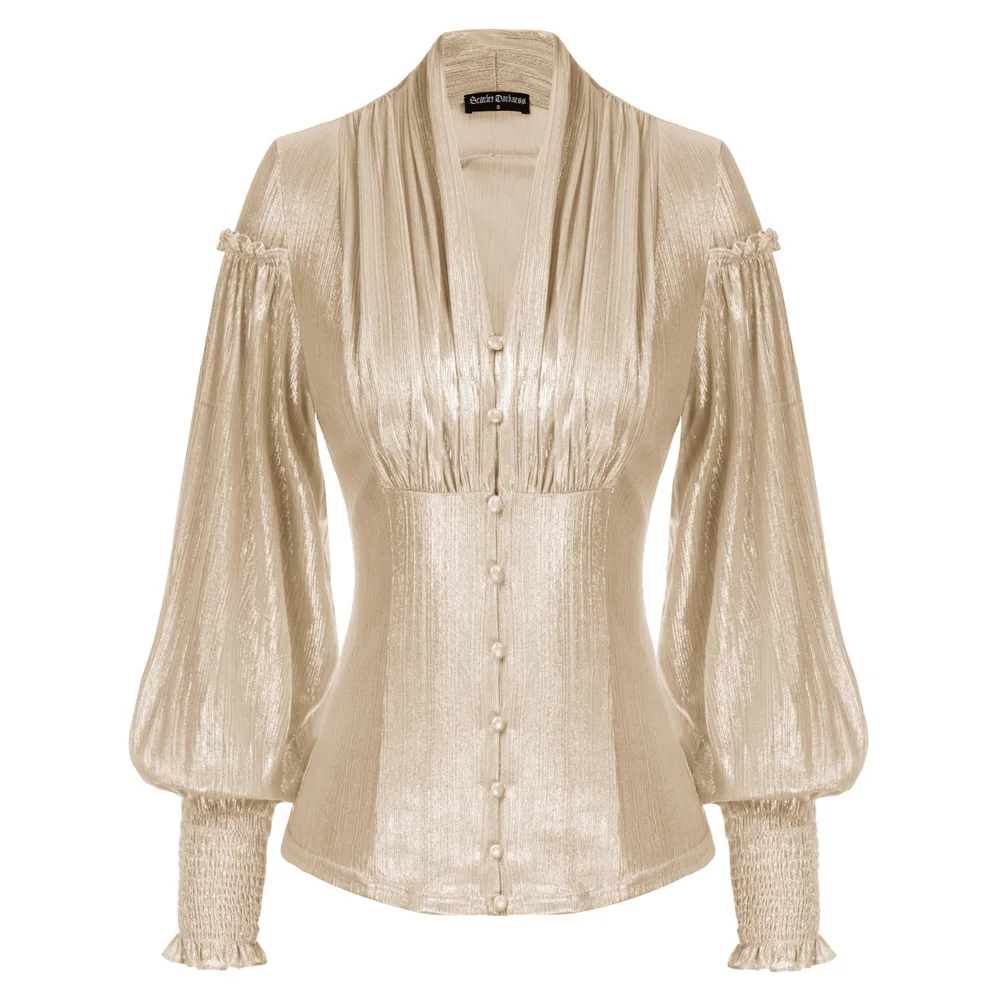 

SD Women Renaissance Shiny Metallic-Like Shirt Long Lantern Sleeve Button-up Tops Solid V-neck Victorian Steampunk Blouse A30