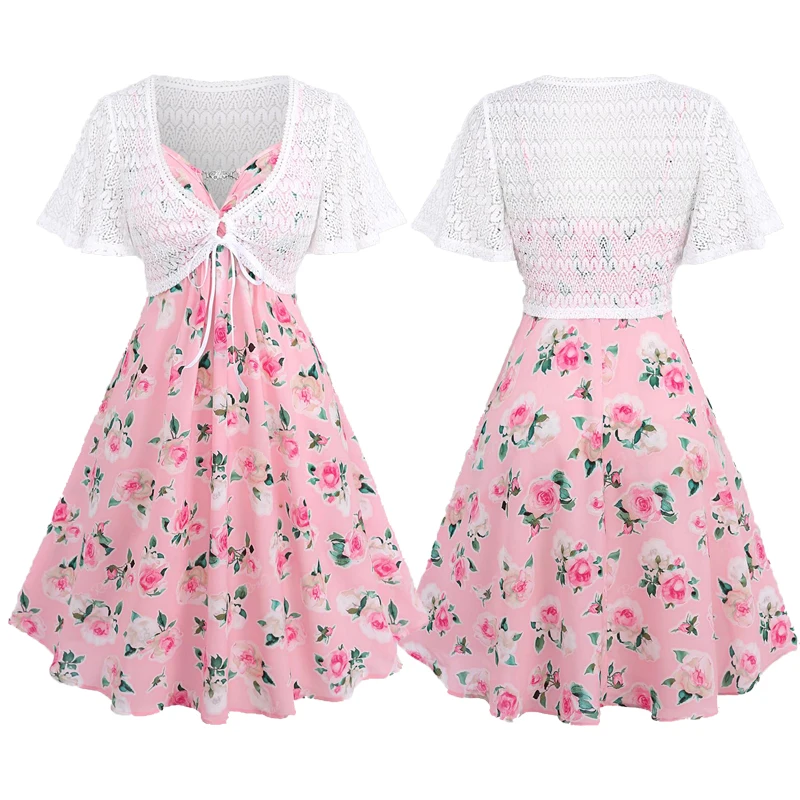 

ROSEGAL Plus Size Women's Spring Summer Dresses Light Pink Cami Dress And Crop Top New Knee-Length Casual Vestidos 5XL