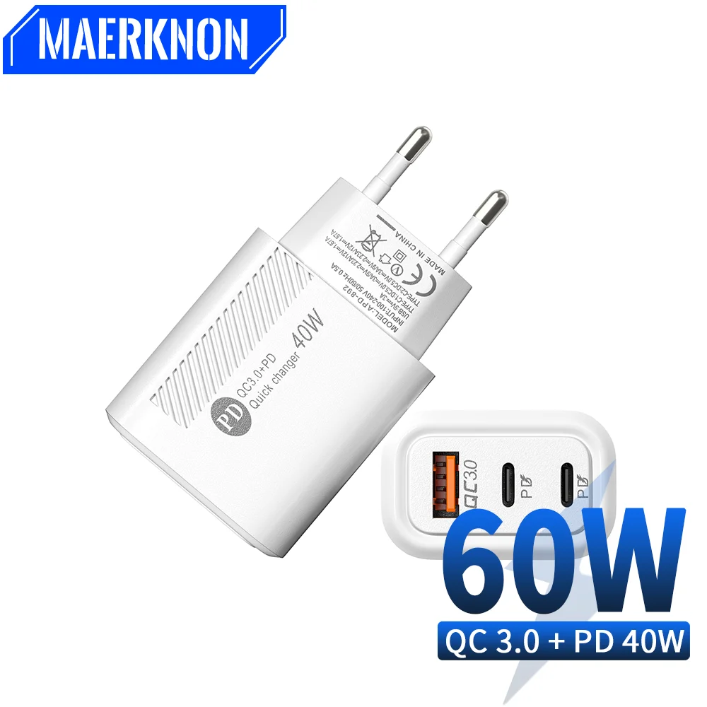 3 Port 60W PD Charger USB Type C Fast Charging Mobile Phone Adapter For iPhone Samsung Xiaomi Huawei Quick Charge 3.0 Charger 
3 Port 60W PD Charger USB Type C Fast Charging Mobile Phone Adapter For iPhone Samsung Xiaomi Huawei Quick Charge 3.0 Charger