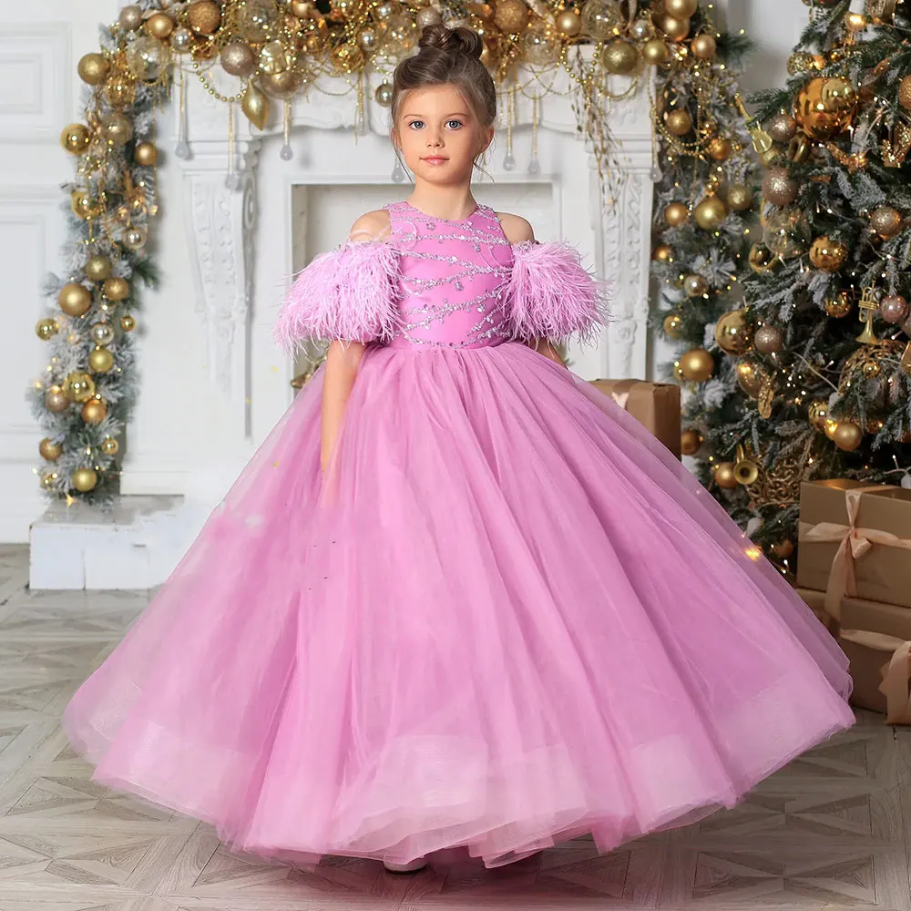 

2024 розовое Цветочное платье для девочки с перьями для свадьбы блестки Тюлевое Пышное Бальное платье для детей на день рождения первого причастия искусственное платье