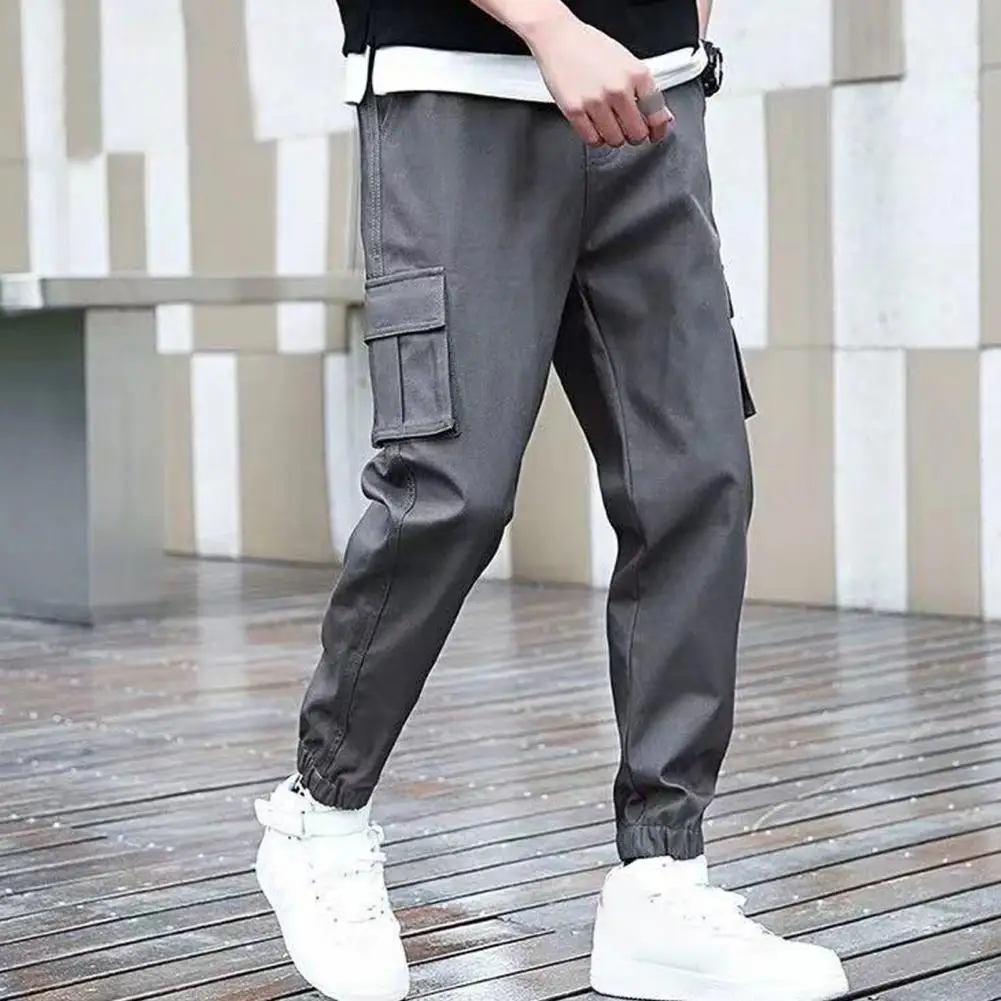 

Elastic Waistband Trousers Men's Cargo Pants with Ankle-banded Design Multiple Pockets Elastic Waist for Gym Training for Plus