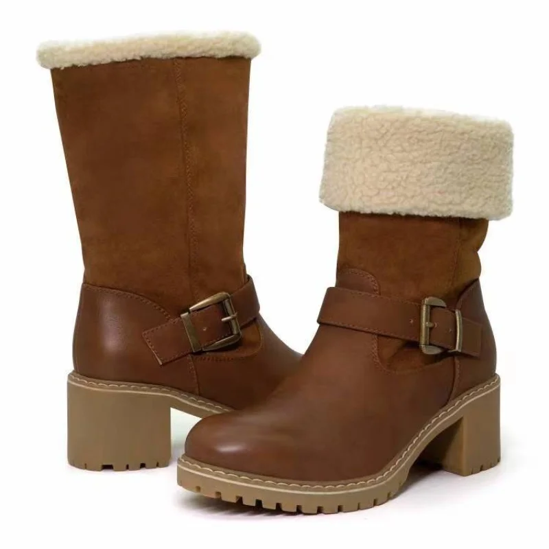 

Женские плюшевые ботинки на блочном каблуке, теплые ковбойские ботинки на толстой подошве, Осень-зима