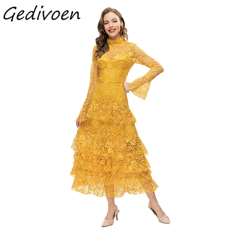 Gedivoen Summer Fashion Runway Elegant Yellow Cake Dress Women's O-Neck Embroidery Hollow Ruffles Splicing High Waist Long Dress
Gedivoen Summer Fashion Runway Elegant Yellow Cake Dress Women's O-Neck Embroidery Hollow Ruffles Splicing High Waist Long Dress