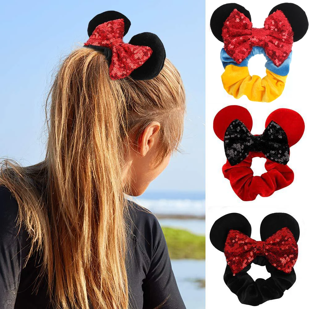 

Disney Mickey Mouse Velvet Hair Ring Women Elastic Ponytail Holder Hairband Girls Sequin Bow Kids Party DIY Hair Accessories