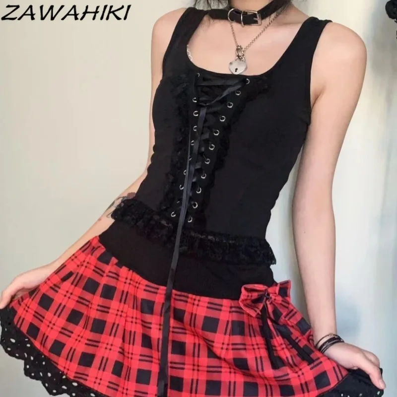 

ZAWAHIKI Crop Top Women Dark Punk Bandage Black Tank Square Collar Lace Patchwork Solid Color Y2K Aesthetic Kpop Slim Camisole