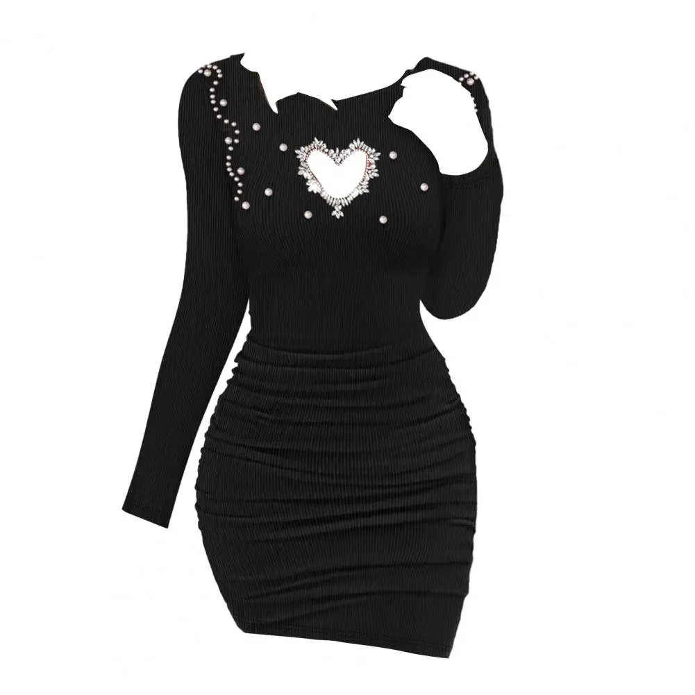 

Round-necked Women Dress Elegant Pearl-embellished Knit Sheath Dress with Cutout Heart Detail Women's Soft Stretchy Solid for A