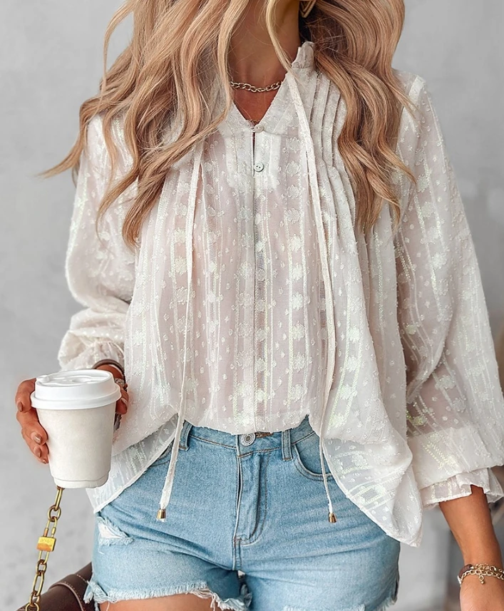 

Women Shirts Swiss Dot Frill Hem Tied Detail Top 2024 Spring/summer Latest Stand Collar Long Sleeves Semi Sheir Vacation Blouses