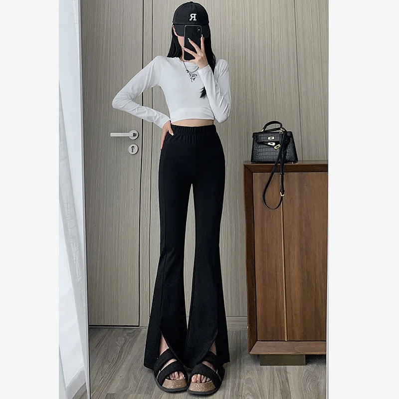 

Black Split Micro Flare Pants For Women Spring Summer Femmes 2023 High Waist Slim Stretch Full Length Flared Trousers Streetwear