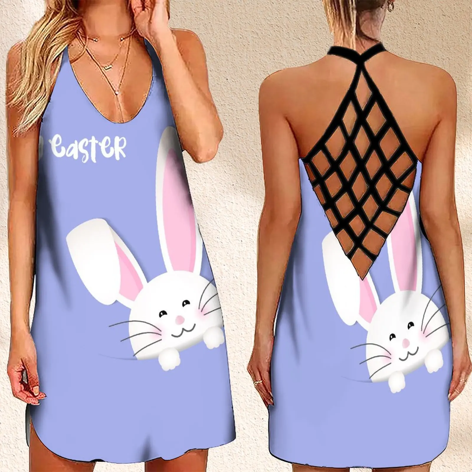 

Fashion Women's Criss Cross Backless Sleeveless Dress SummerEaster Bunny Print Sundress
