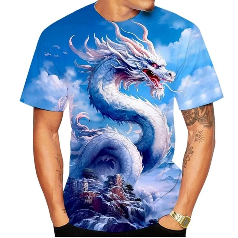 

Футболка мужская оверсайз с круглым вырезом, Повседневная рубашка с коротким рукавом, с 3D-принтом китайского дракона, одежда для улицы, лето 2024