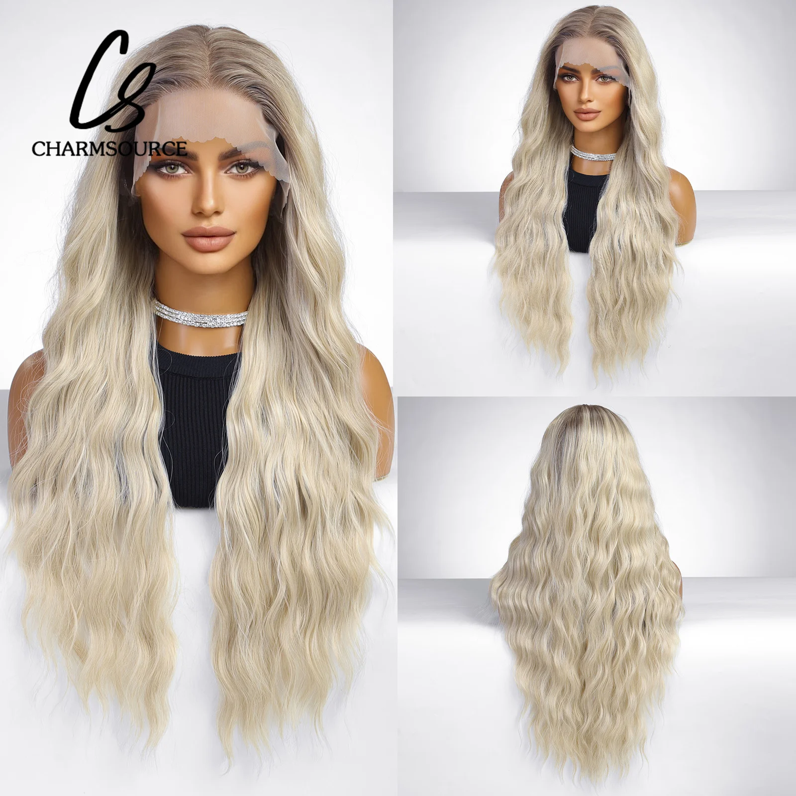 

CharmSource 13x4 Lace Front Wigs Blonde Synthetic Long Wavy Curly Wigs for Women Cosplay High Density Hair Wig