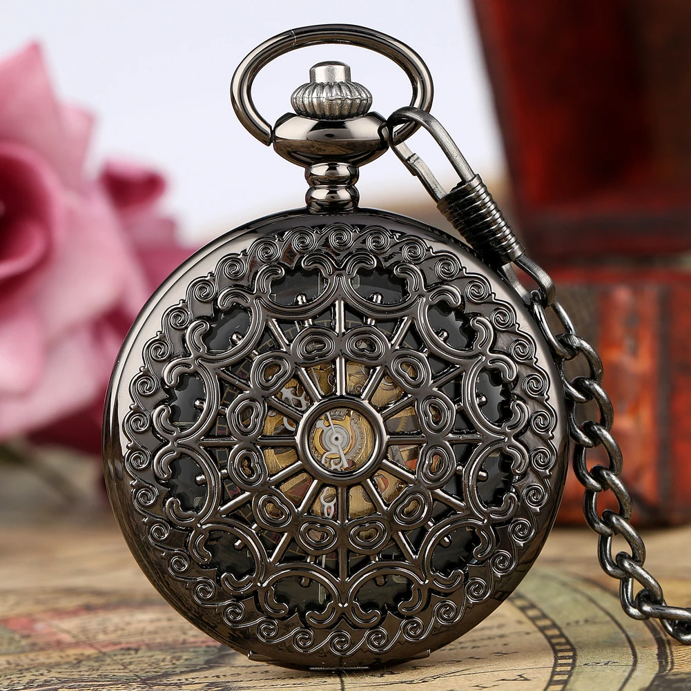 

Retro Black Mechanical Hand Winding Men's Pocket Watch Fob Chain Steampunk Hollow Spider Web Design Antique Stylish Pocket Clock