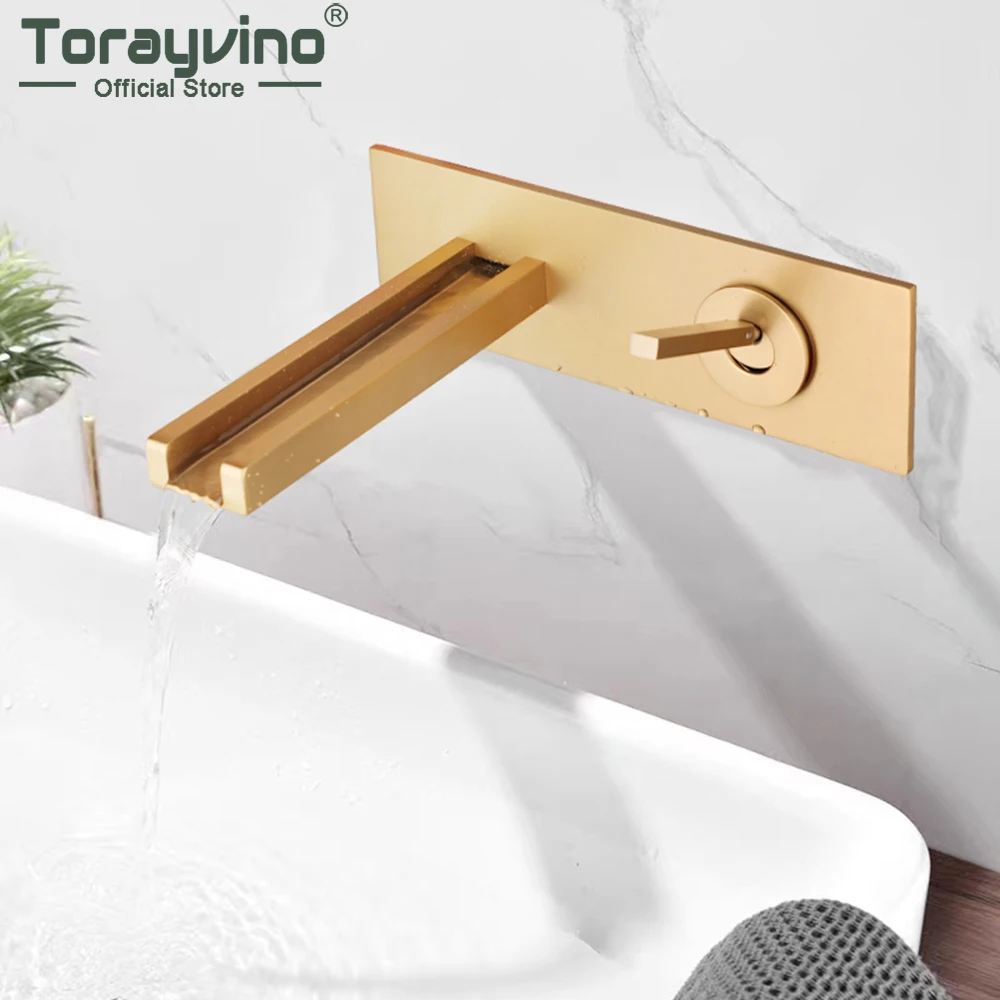 

Torayvino Brushed Gold Bathroom Faucet Washbasin Wall Mounted Brass Bathtub Faucets Basin Sink Waterfall 1 Lever Mixer Water Tap