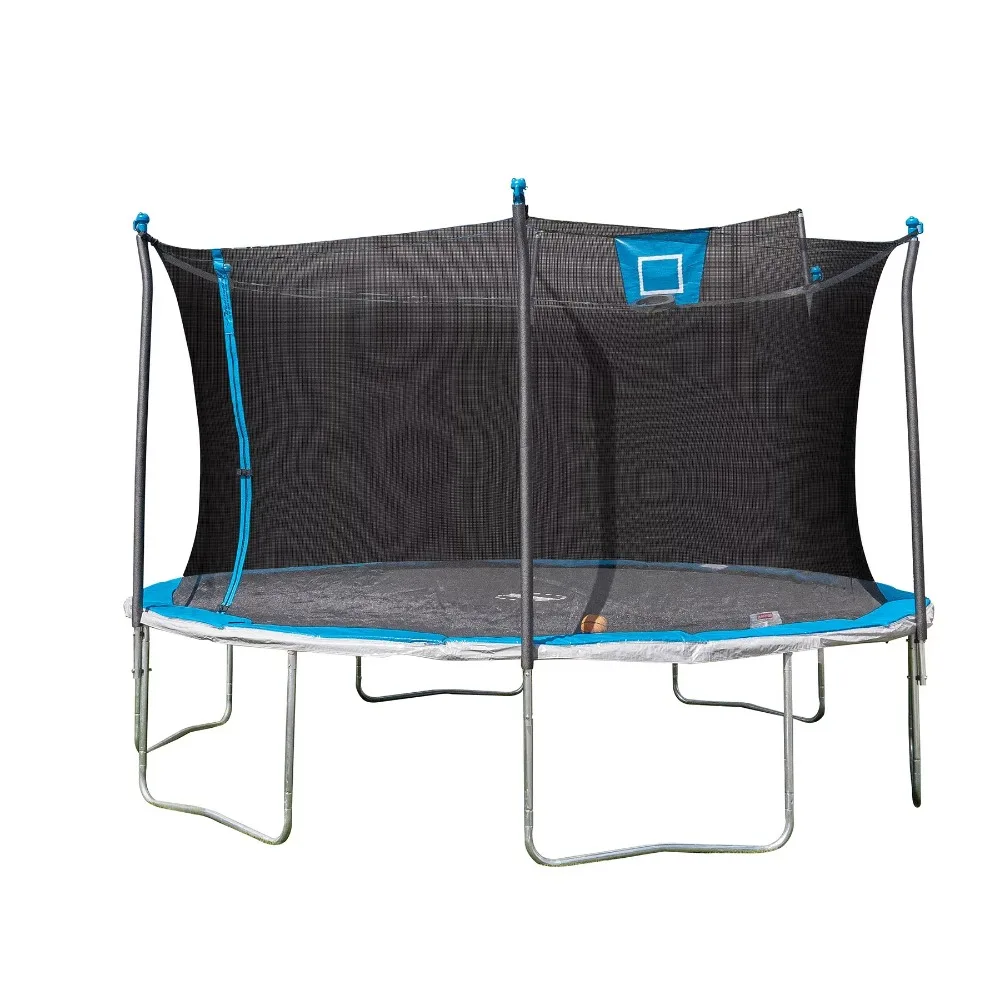 14 foot trampoline and shell with basketball rack, mesh structure with zipper shell, more secure, blue
14 foot trampoline and shell with basketball rack, mesh structure with zipper shell, more secure, blue