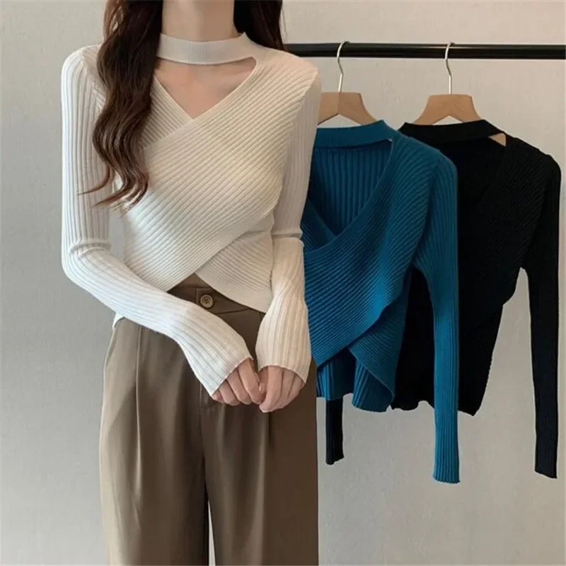 

Summer To Autumn Women Long Sleeve Choker Neck Wrap Crop Top Pull Sweater Femme Criss Cross Ribbed Casual Pullover Clothes