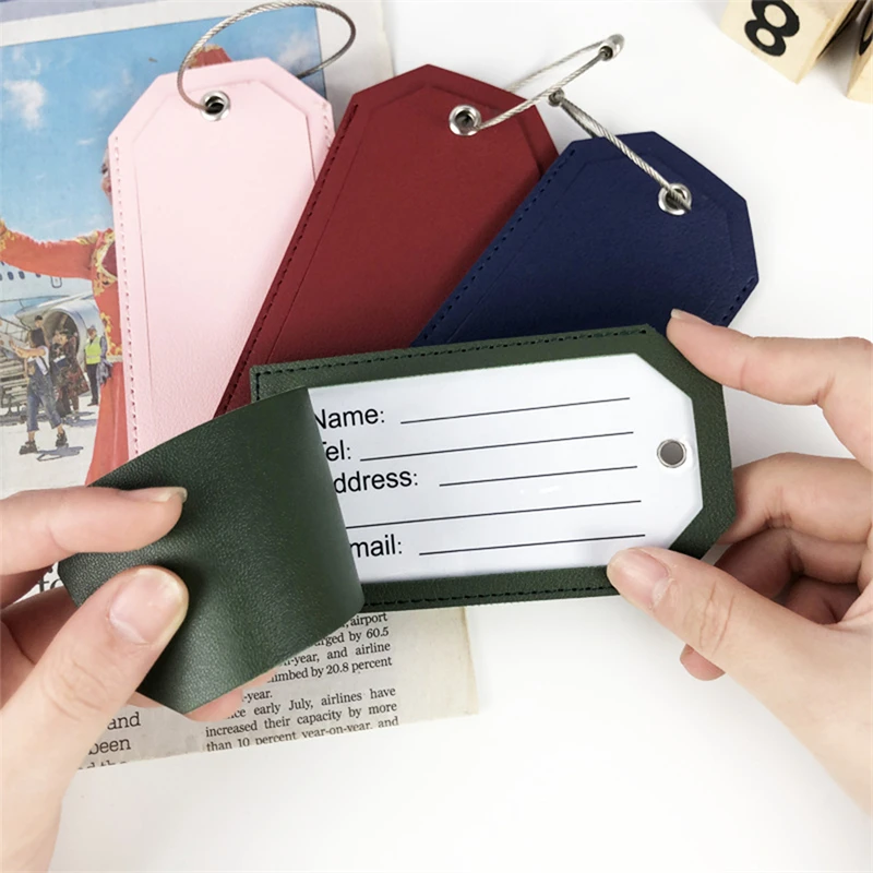 

Women Men Luggage Tags for Suitcases Travel Accessories Fashion Solid Color PU Leather Suitcase Bag Label Tag Name ID Address