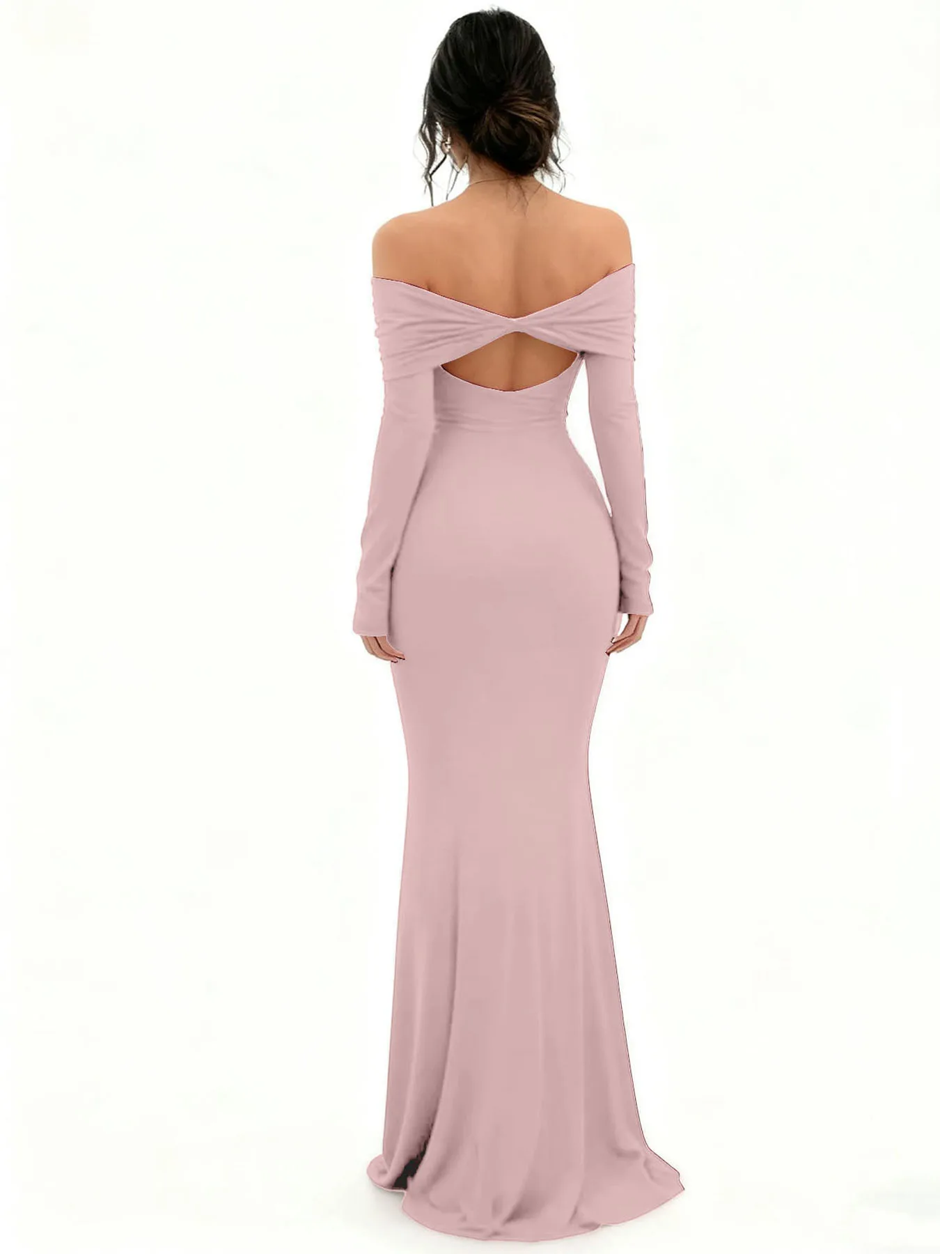 فستان نسائي ضيق مكشوف الكتفين - فستان بأشرطة ذات فتحة عالية وأكمام طويلة، متوسط الطول أنيق فستان نسائي ضيق مكشوف الكتفين - فستان بأشرطة ذات فتحة عالية وأكمام طويلة، متوسط الطول أنيق