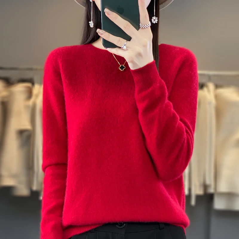 

2023 Autumn/Winter Women's New Round Neck Jacquard 100% Wool Pullover Sweater Casual Style Versatile Seamless Connection