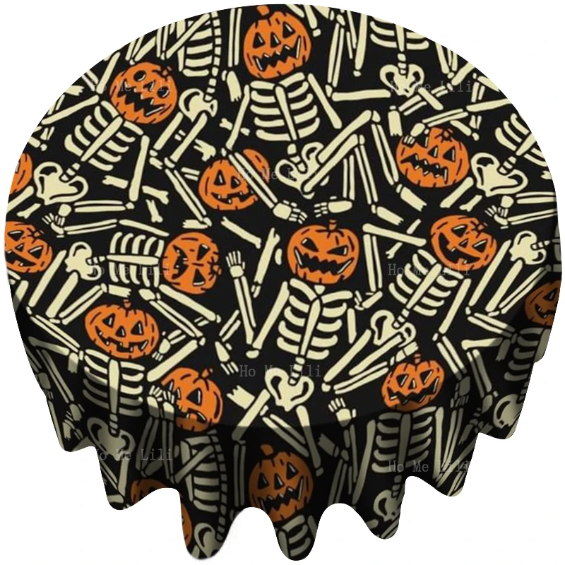 

Retro Halloween Art Aesthetic Skeletons And Scary Jack-O '-Lanterns On Horseback Round Tablecloth Decorated The Kitchen