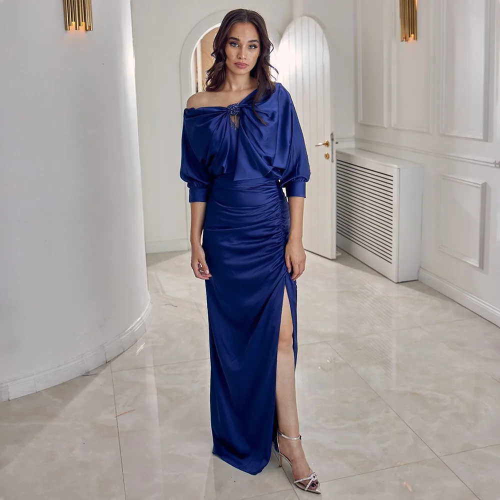 

Женское вечернее атласное платье-русалка, темно-синее платье с рукавами-фонариками 3/4 и разрезом сбоку, платье для гостей свадьбы