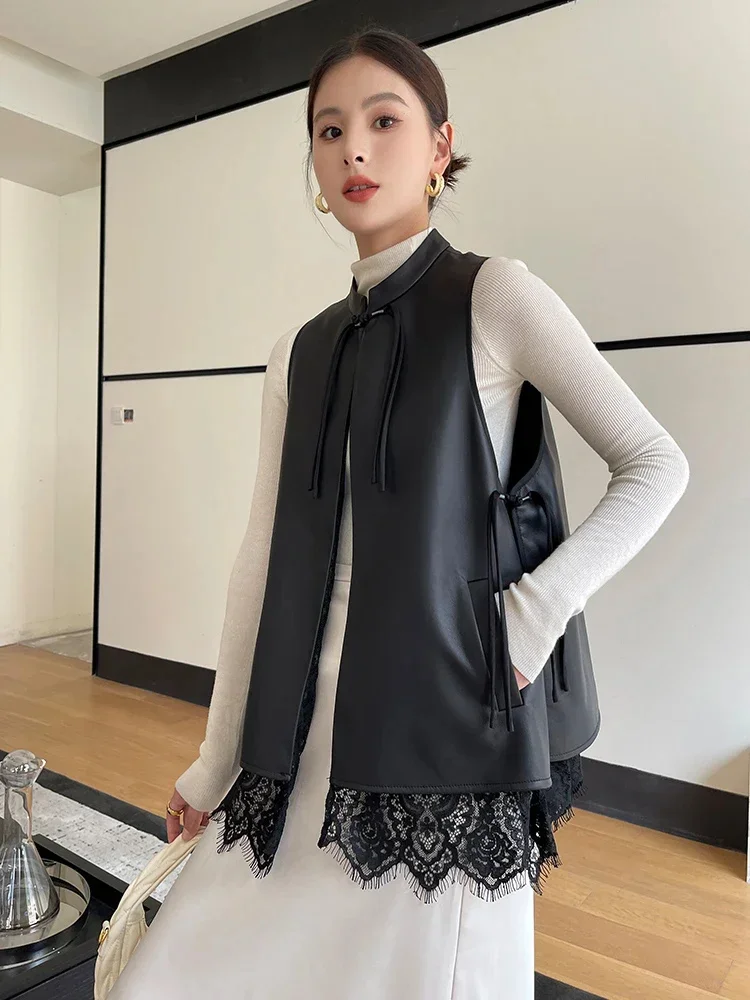 

Collar Stand Sleeveless Genuine Leather Jacket for Women 2024 Trend Double-sided Wear Lace Lining Real Sheepskin Coat