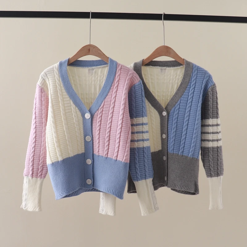 

Autumn and winter new tb sweet college style color blocking Fried Dough Twists V-neck long sleeve knitting cardigan sweater coat