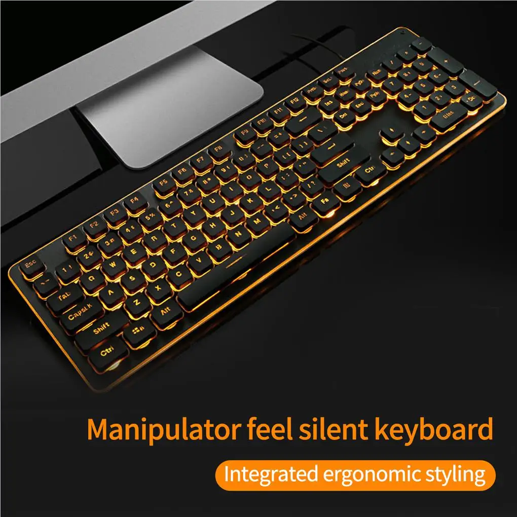 

USB Wired Keyboard Orange Light LED Backlit Key Board Waterproof Silent Mechanical Keypad 104 Keys Luminous Keypads