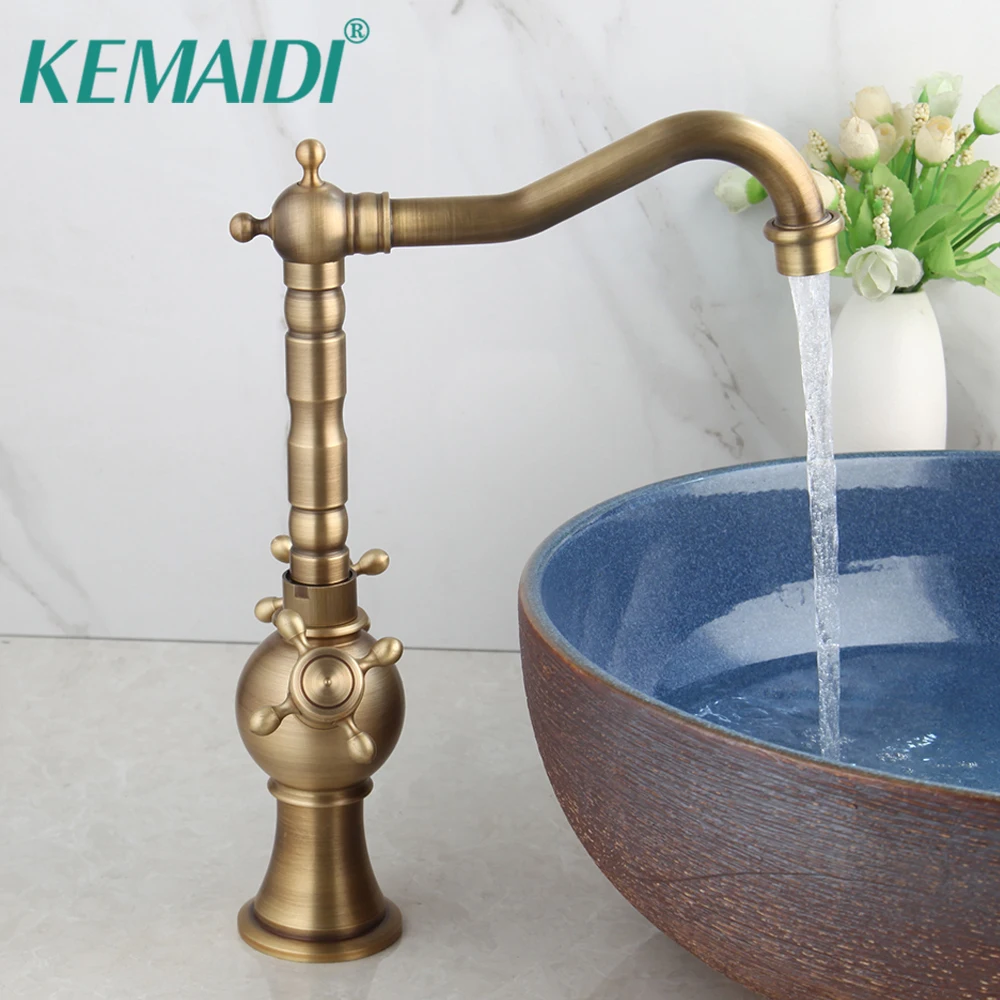 

KEMAIDI Antique Brass 360 Swivel Bathroom Basin Sink Faucet Double Handles Retrol Torneira Cozinha Vessel Tap Mixer Faucets