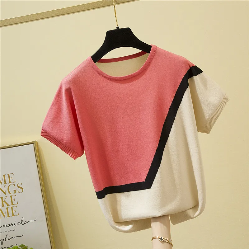 

Summer New Knitted Ice Silk Women's 2024 Pullover Round Neck Colored Western Versatile T-shirt Short Sleeved Bat Bottom Tops