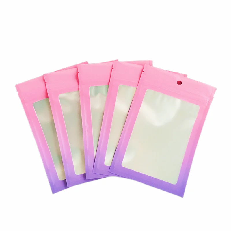 

300Pcs New Rainbow Colors Boutique Bag With Window Zipper Reclosable False Eyelashes Cosmetics Tool Hangbag Retail Small Pouches