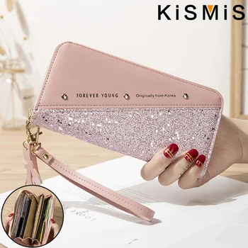 KISMIS 여성용 긴 지퍼 지갑, 한국 스플라이싱, 배색, 술, 리벳 디테일, 신상