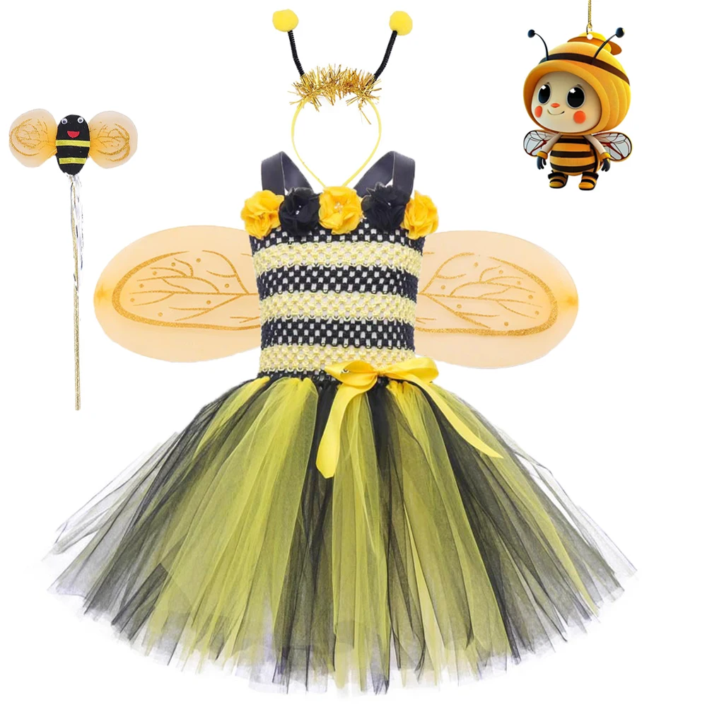 

Yellow Black Honeybee Dresses for Girls Birthday Halloween Costumes for Kids Toddler Tutu Outfit Children Fancy Dress with Wings