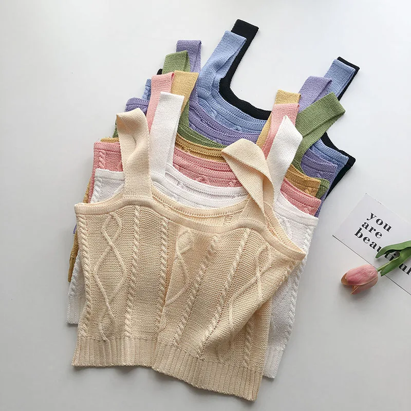 

Liba Sin Women Knitted Cami Top Sleeveless Cute Crop Top Summer Solid Color Wide Strap Square Neck Diamond Pattern Knit Top