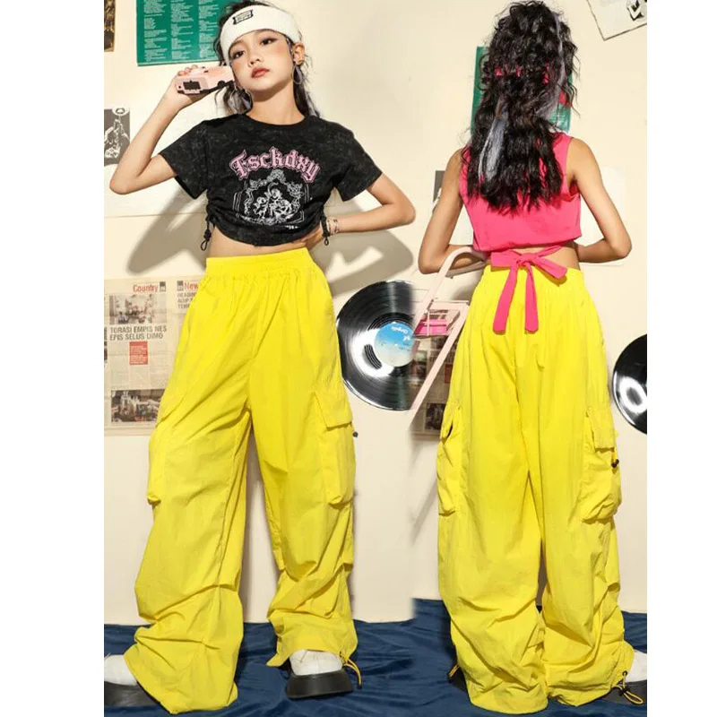 

Kids Street Dance Kpop Clothing Crop Tank Vest T Shirt Casual Hip Hop Cargo Pants for Girls Jazz Dance Costume Teenage Clothes