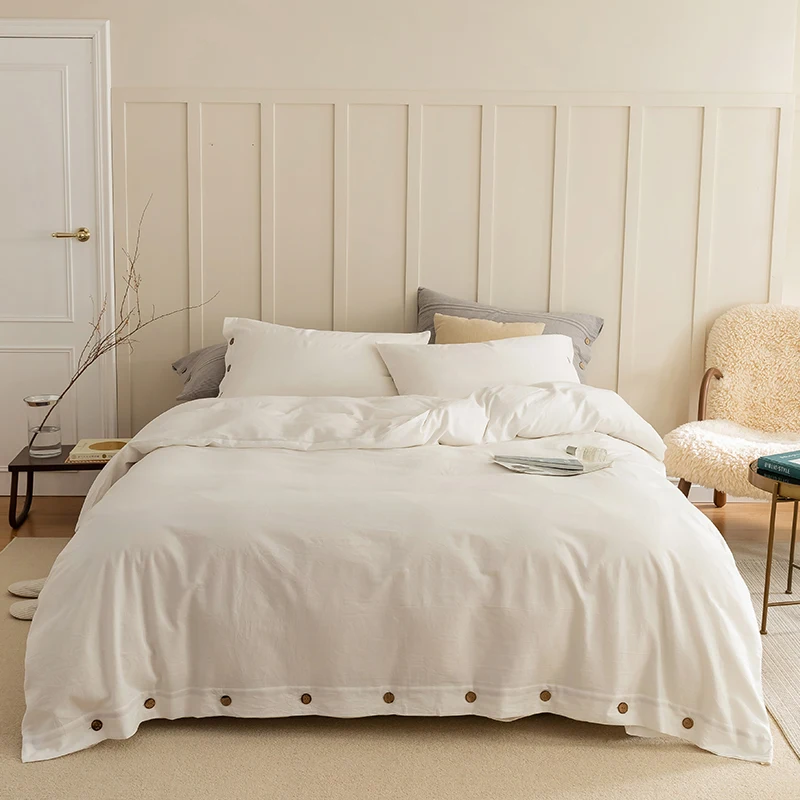 White Solid Color Button Design Washed Cotton Yarn-Dyed Jacquard Bedding Set Duvet Cover Linen Fitted Sheet Pillowcases
White Solid Color Button Design Washed Cotton Yarn-Dyed Jacquard Bedding Set Duvet Cover Linen Fitted Sheet Pillowcases