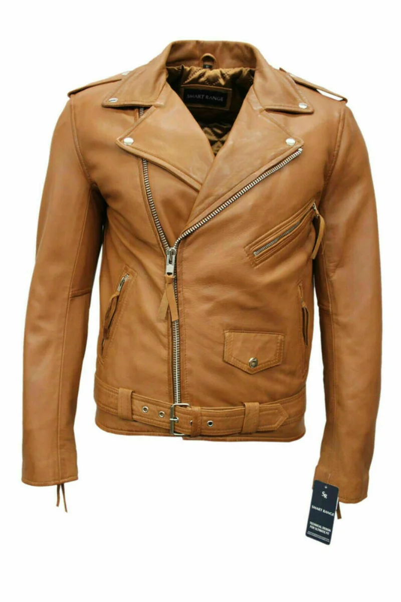 

Men's Genuine Lambskin Leather Motorcycle Jacket Stylish Biker Belted Tan Coat